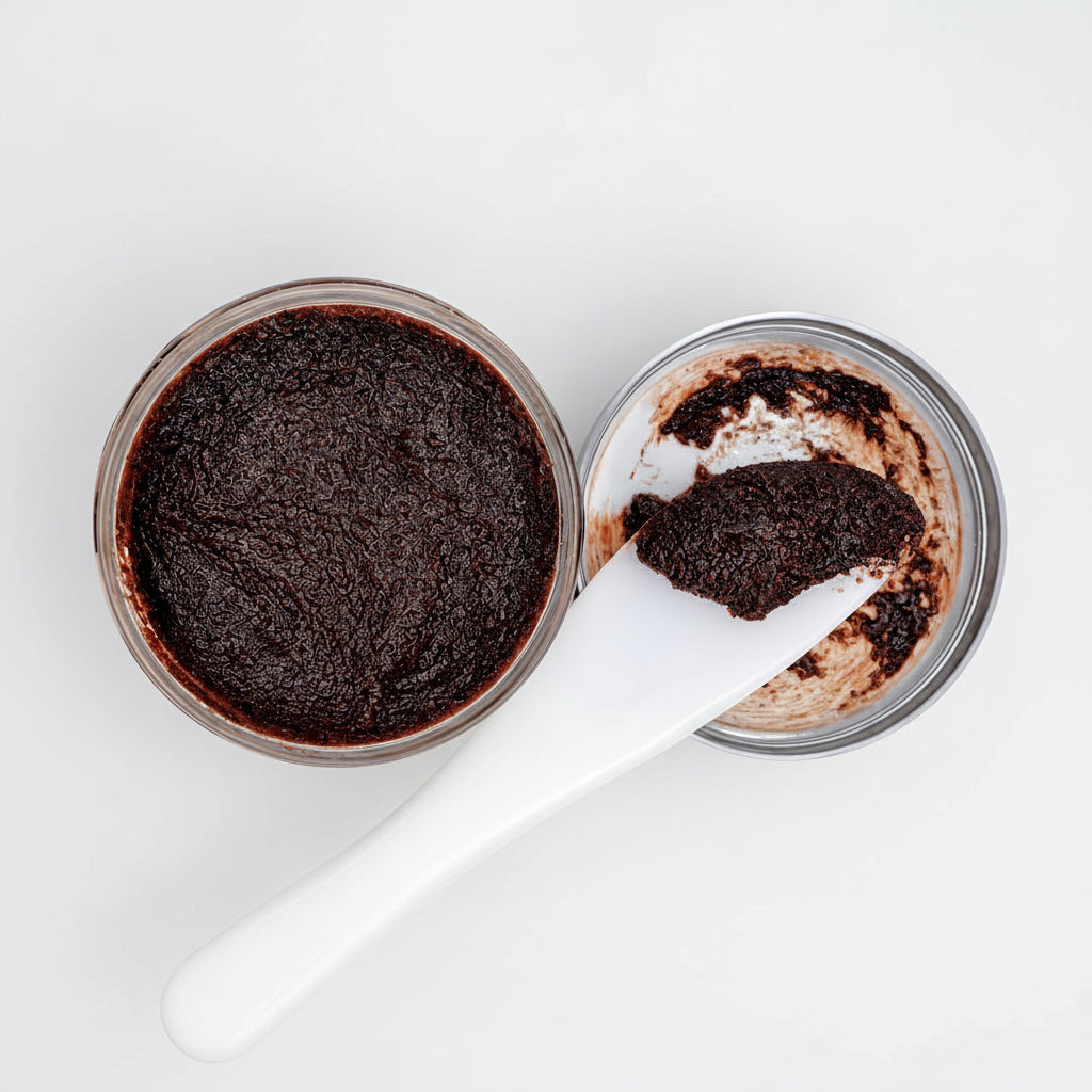 A close-up of a dark brown scrub or cosmetic paste shown in an open round jar with a white spatula, on a plain white background.