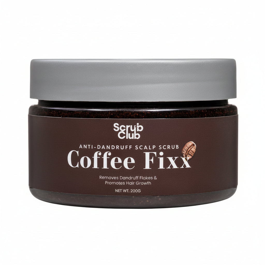 A jar of Scrub Club Coffee Fixx Anti-Dandruff Scalp Scrub, featuring a dark brown label with white text and a gray lid, set against a plain white background.