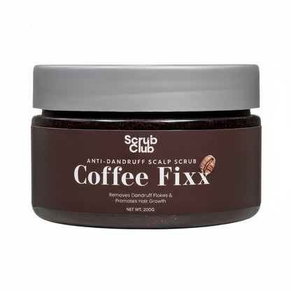 A jar of Scrub Club Coffee Fixx Anti-Dandruff Scalp Scrub, featuring a dark brown label with white text and a gray lid, set against a plain white background.