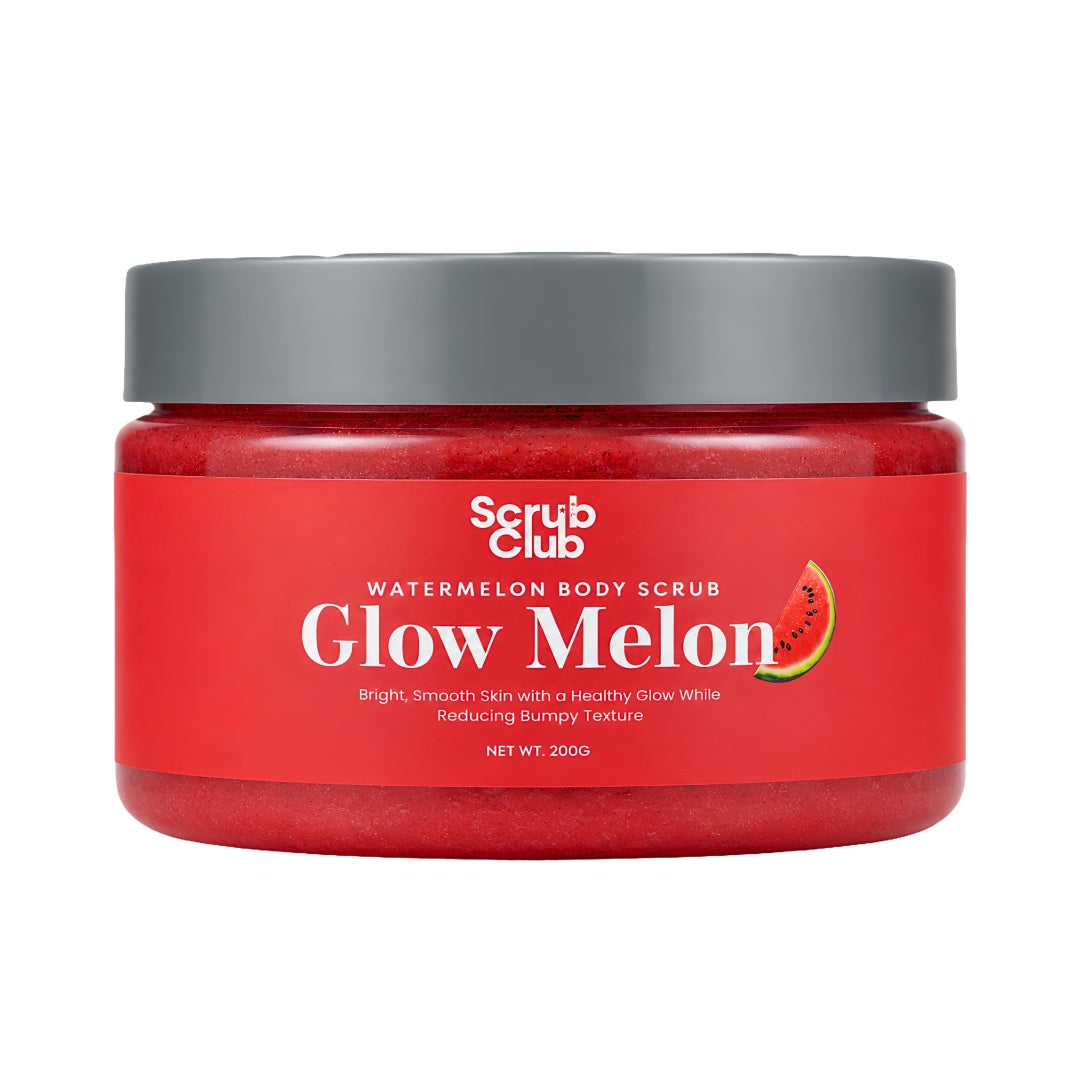 A jar of Scrub Club Watermelon Body Scrub with a red label and a gray lid, set against a plain white background.