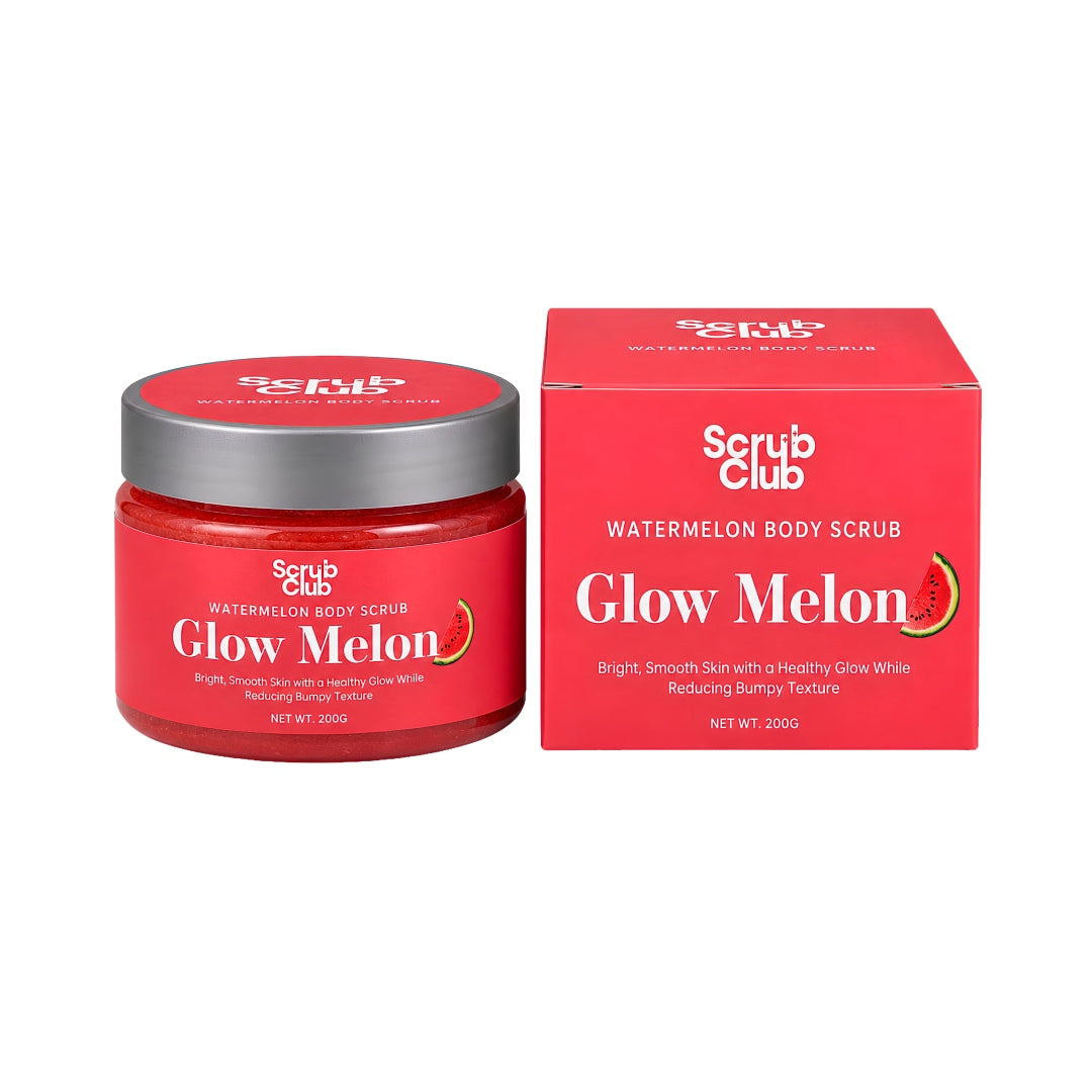 A jar of Scrub Club Watermelon Body Scrub next to its retail box, both in a vibrant watermelon red color with a dark gray lid and white text, on a clean white background.