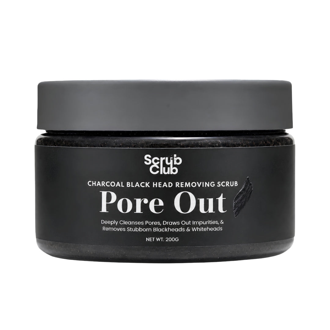 A jar of Scrub Club Pore Out Charcoal Black Head Removing Scrub on a solid white background.