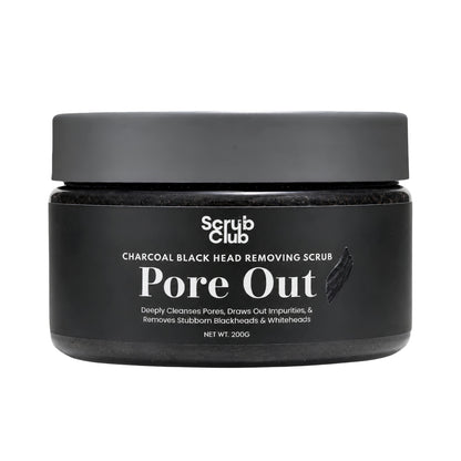 A jar of Scrub Club Pore Out Charcoal Black Head Removing Scrub on a solid white background.