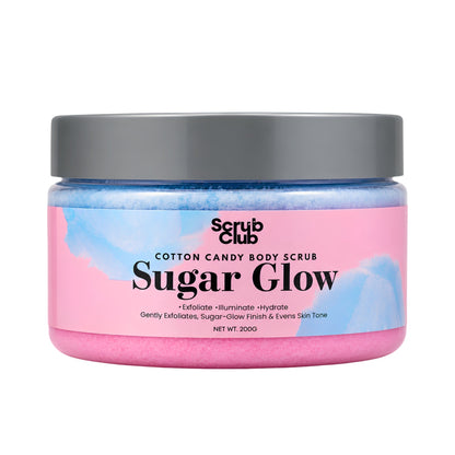 A jar of Scrub Club Sugar Candy Body Scrub with pink and blue marbled scrub visible through the clear container, a gray lid, and a pink label with blue watercolor accents.