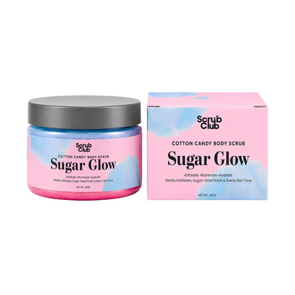 A jar of Scrub Club Sugar Glow cotton candy body scrub stacked on top of its matching pink and blue box against a clean white background.