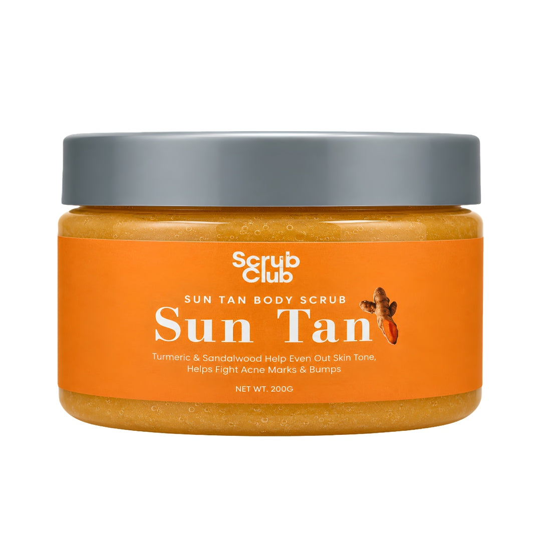 A jar of Scrub Club Sun Tan Body Scrub with a bright orange label and a gray lid, set against a plain white background.