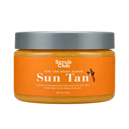 A jar of Scrub Club Sun Tan Body Scrub with a bright orange label and a gray lid, set against a plain white background.