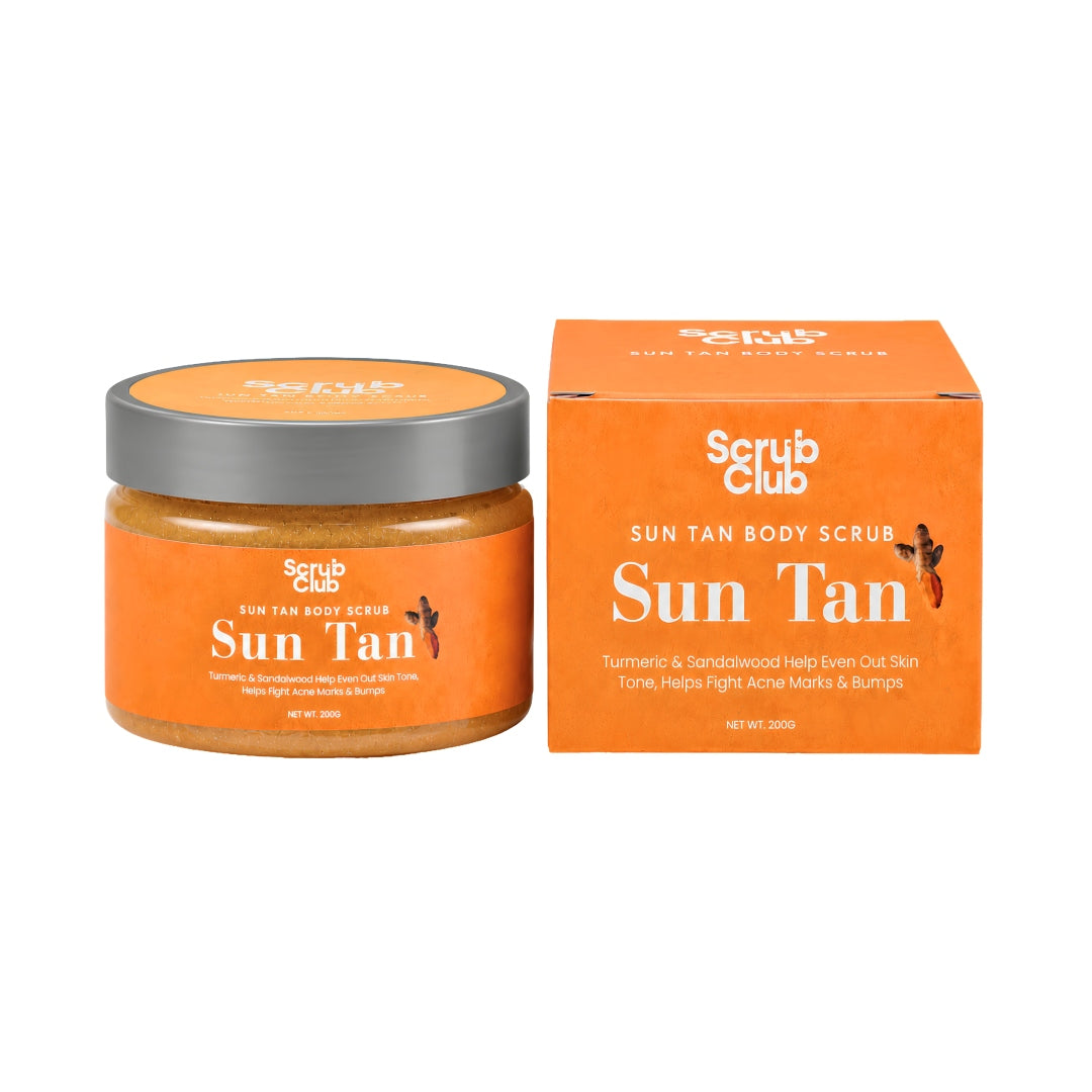 A jar of Scrub Club Sun Tan Body Scrub stacked on top of its matching orange box against a plain white background.